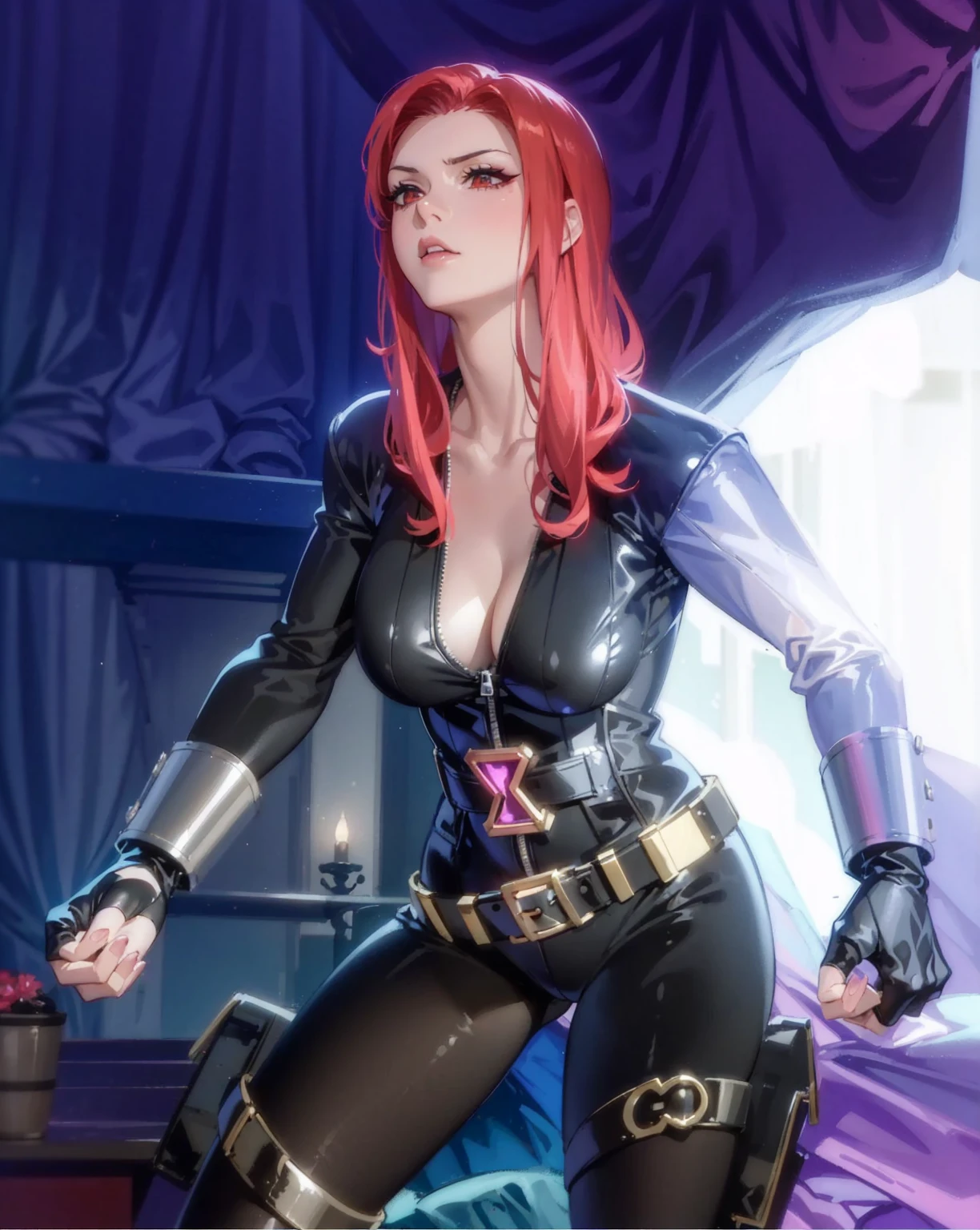 The image showcases a digital illustration of a girl with bright red hair, standing tall. She is dressed in a sleek skin-tight shiny black latex bodysuit with a deep-cut zipper neckline revealing a large chest, the silver zipper running down the front. The suit is complemented by her silver wrist guard on both wrists and a metal belt with a red "black widow" symbol buckle. Both hands are clenched. A stern expression of determination is visible on her face. She is positioned in front of a bright light, potentially representing a portal, contributing to a suspenseful atmosphere.