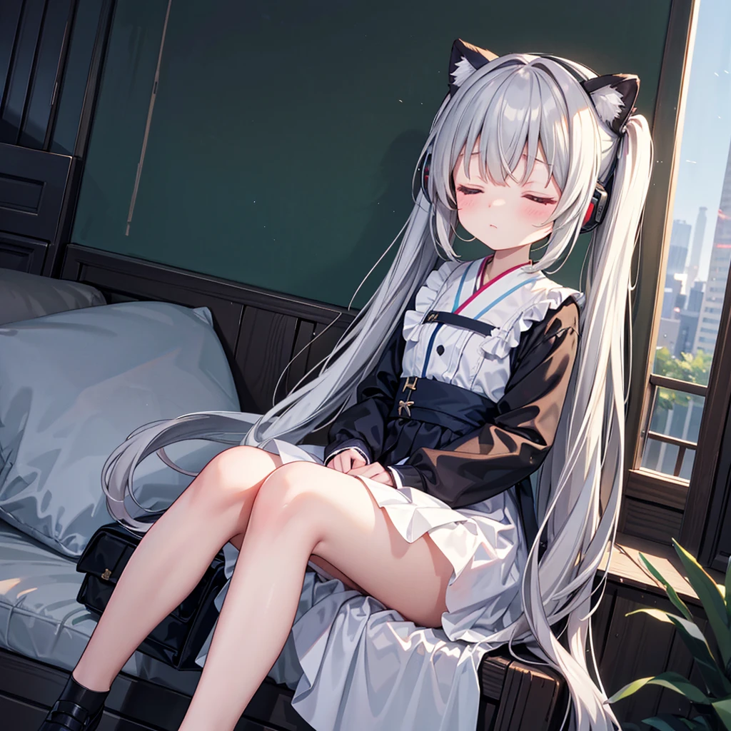 One person, solo, High resolution, Long Hair, Simple Background, Close your mouth, Closed eyes, Impressionism, masterpiece, Twin tails, headphone、Are sleeping、大きな白いベッドにAre sleeping