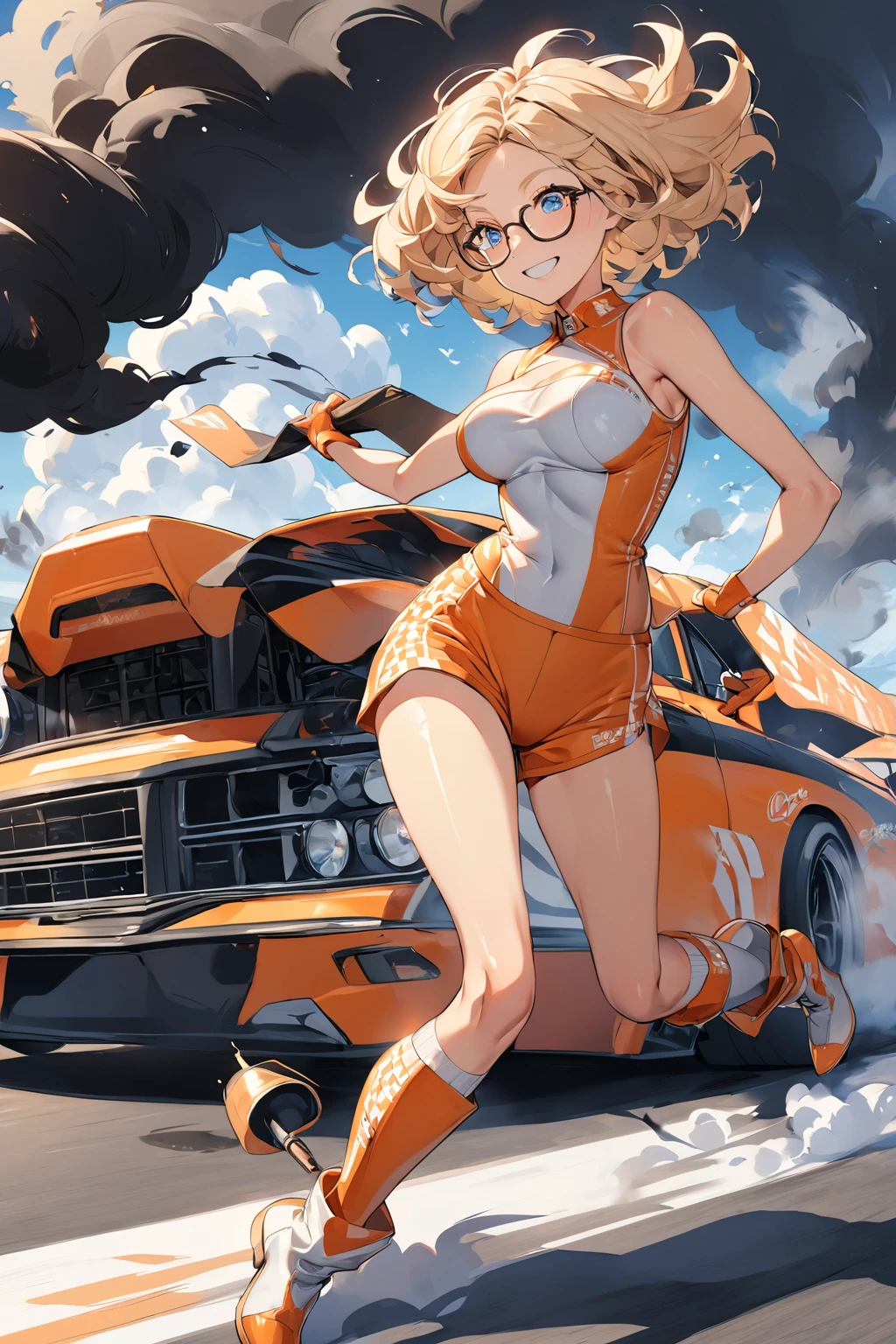 Illustration of a grid girl with very short blond hair and glasses on her blue eyes. The character is wearing a grid girl costume. The costume is a shiny costume based on orange and white, and the sleeveless top is short patterned in orange and white, and the bottoms are tight shorts. They are wearing orange high-heeled boots underfoot. She has an energetic and confident smile on her face. 
In the background, a drag racing pickup truck is ejecting large amounts of black smoke from the exhaust pipe. The tire caused the wheel to spin, and white smoke was drifting around it.