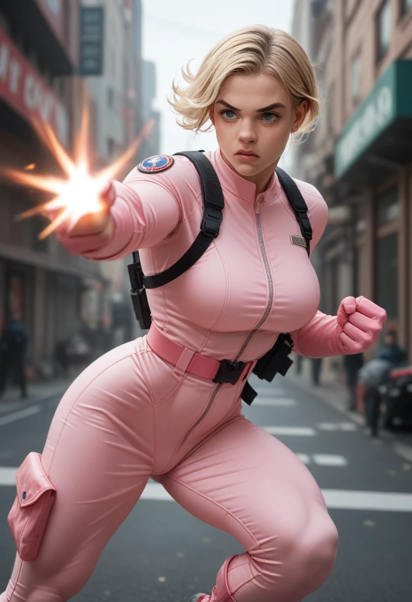 young woman. blonde. for the.long. blue eyes. as a superhero. Black and pink fitted suit. very big breasts. Very muscular. Armed with two huge tactical pistols. action pose. Urban mafia combat scenario