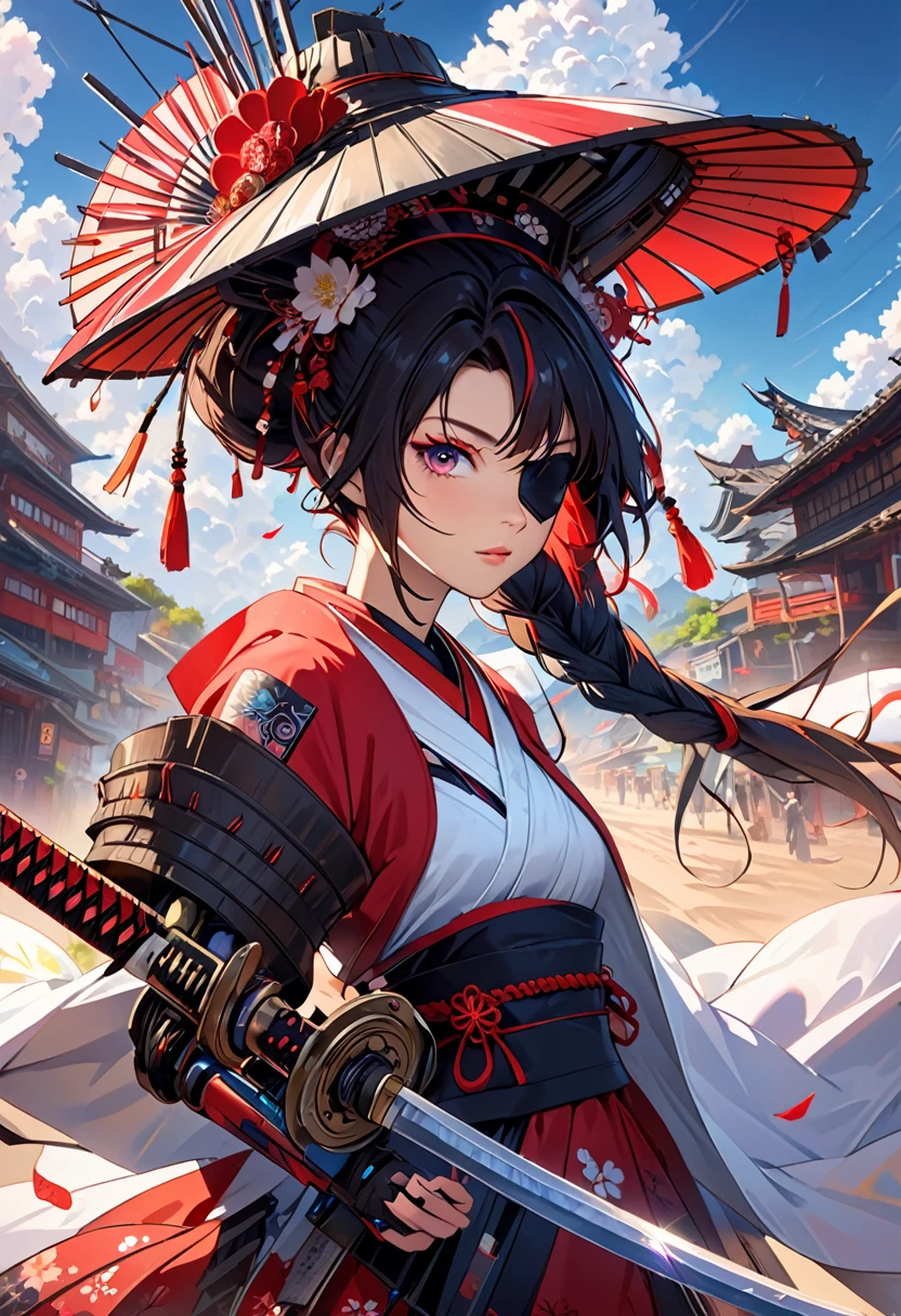 Ink painting, (((1 girl )), (((Tattoo in the middle of the forehead))), (((Oiran))), (((Great hair accessories))), Demon possession, ((Eye patch over:1.3)), (((Masterpiece、Highest image quality、Highest quality、Extremely detailed unit 8ｋWall paper))), ((Illustration of one girl、Upper body covered))、(((beautiful girl))),  Naruto ,Sasuke, Hinata ,Sakura the Nomad Robot, In the desert, Walking Street ,wearing a messy shawl, Employee contract, wearing a big metal hat, Rough, rusty, dusty body, thin frame, long, Cyberpunk, Cyborg., Surreal version of a woman holding a sword in her hand, very beautiful Cyberpunk samurai, anime Cyberpunk art, Cyberpunk samurai, Cyberpunk anime art, Cyberpunk anime, Complex CG 9, technical Cyberpunk anime art number, Maciej Kosciara&#39;s style.1girl, 1 boy,samurai armor, devil mask helmet, intricate motifs, details, Cool colors, melongic, Egyptian details, extremely intricate details, Stylish realistic lighting , Trends in the CGS Community, Glowing eyes, Facing the camera, neon details, surreal details, Full body pictures, Japanese atmosphere, Global lighting, Shadows, Embodiment of octane, 8 k, very sharp. Great ta.body repair, انمي Naruto