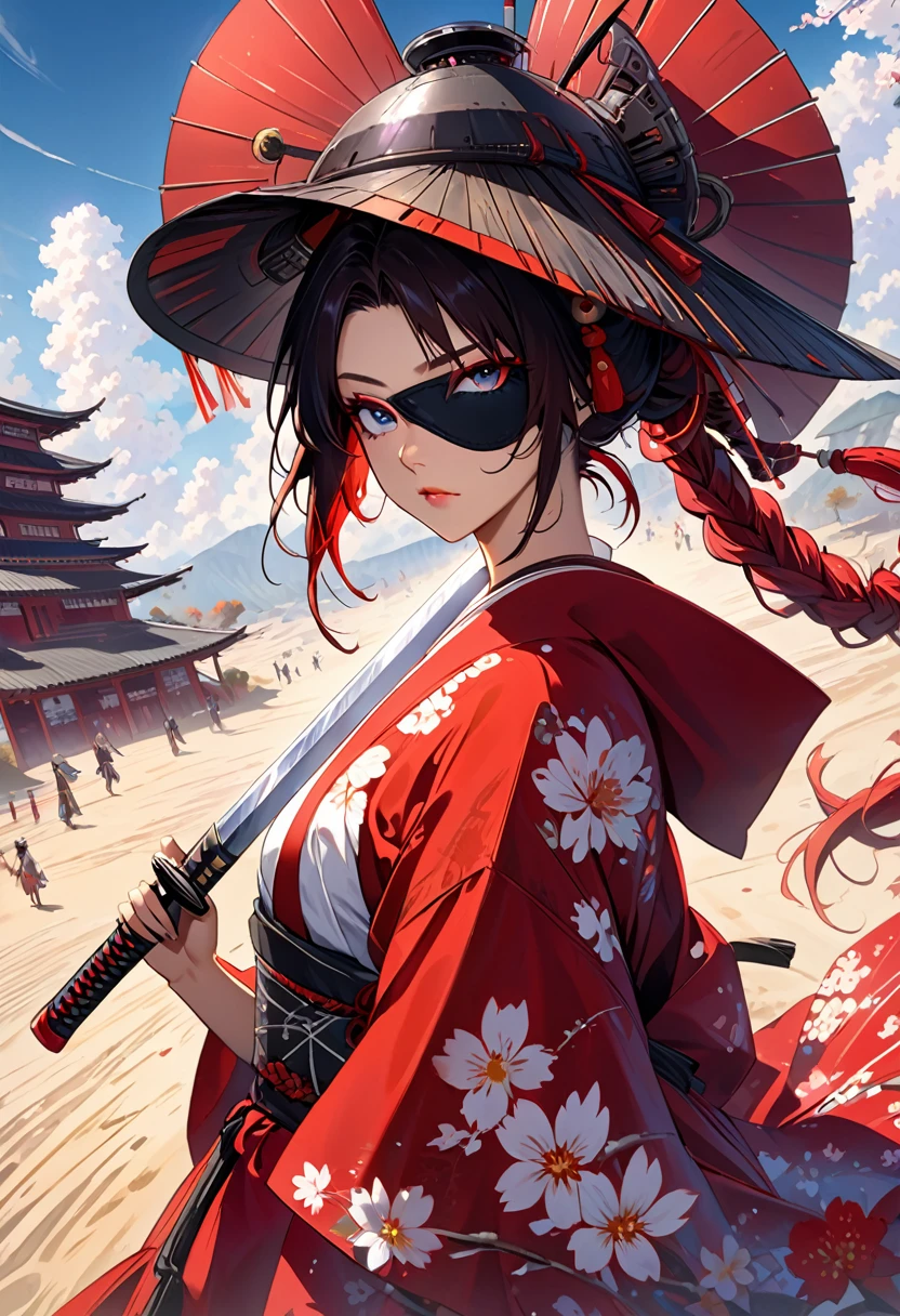 Ink painting, (((1 girl )), (((Tattoo in the middle of the forehead))), (((Oiran))), (((Great hair accessories))), Demon possession, ((Eye patch over:1.3)), (((Masterpiece、Highest image quality、Highest quality、Extremely detailed unit 8ｋWall paper))), ((Illustration of one girl、Upper body covered))、(((beautiful girl))),  Naruto ,Sasuke, Hinata ,Sakura the Nomad Robot, In the desert, Walking Street ,wearing a messy shawl, Employee contract, wearing a big metal hat, Rough, rusty, dusty body, thin frame, long, Cyberpunk, Cyborg., Surreal version of a woman holding a sword in her hand, very beautiful Cyberpunk samurai, anime Cyberpunk art, Cyberpunk samurai, Cyberpunk anime art, Cyberpunk anime, Complex CG 9, technical Cyberpunk anime art number, Maciej Kosciara&#39;s style.1girl, 1 boy,samurai armor, devil mask helmet, intricate motifs, details, Cool colors, melongic, Egyptian details, extremely intricate details, Stylish realistic lighting , Trends in the CGS Community, Glowing eyes, Facing the camera, neon details, surreal details, Full body pictures, Japanese atmosphere, Global lighting, Shadows, Embodiment of octane, 8 k, very sharp. Great Lolita.body repair, انمي Naruto