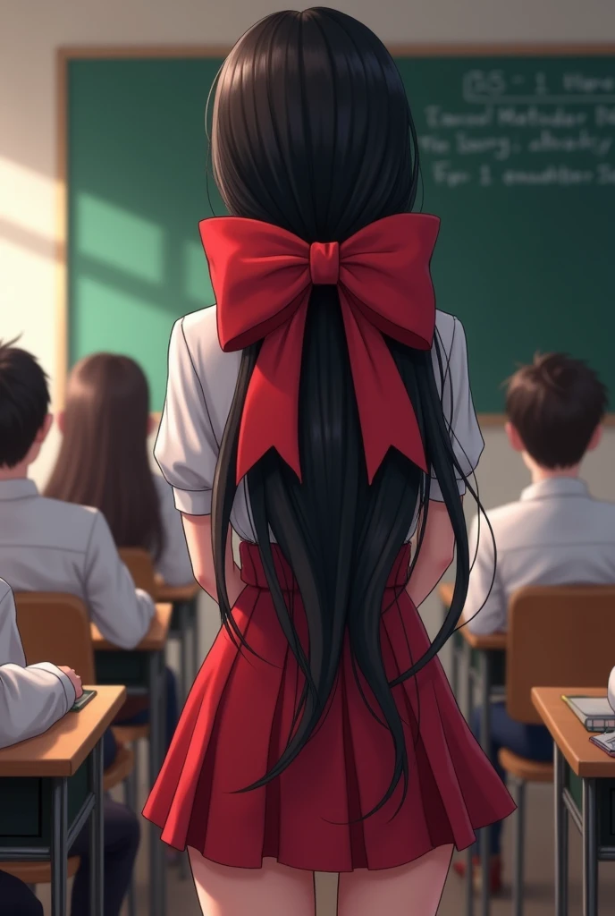 Teacher with long black hair with a large ribbon bow Coquette, The teacher has her back turned and is in the classroom, with the students.