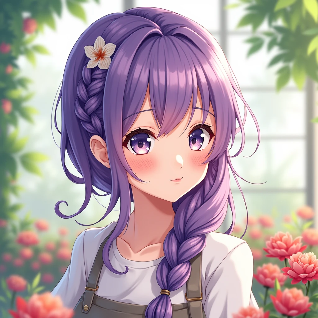 Anime Style, Character portrait, Florist,Braid, Purple Hair,