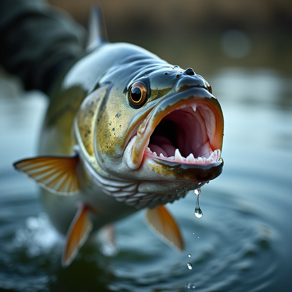 The moment you take the fish out of the water when fishing，Close-up，Action Photography