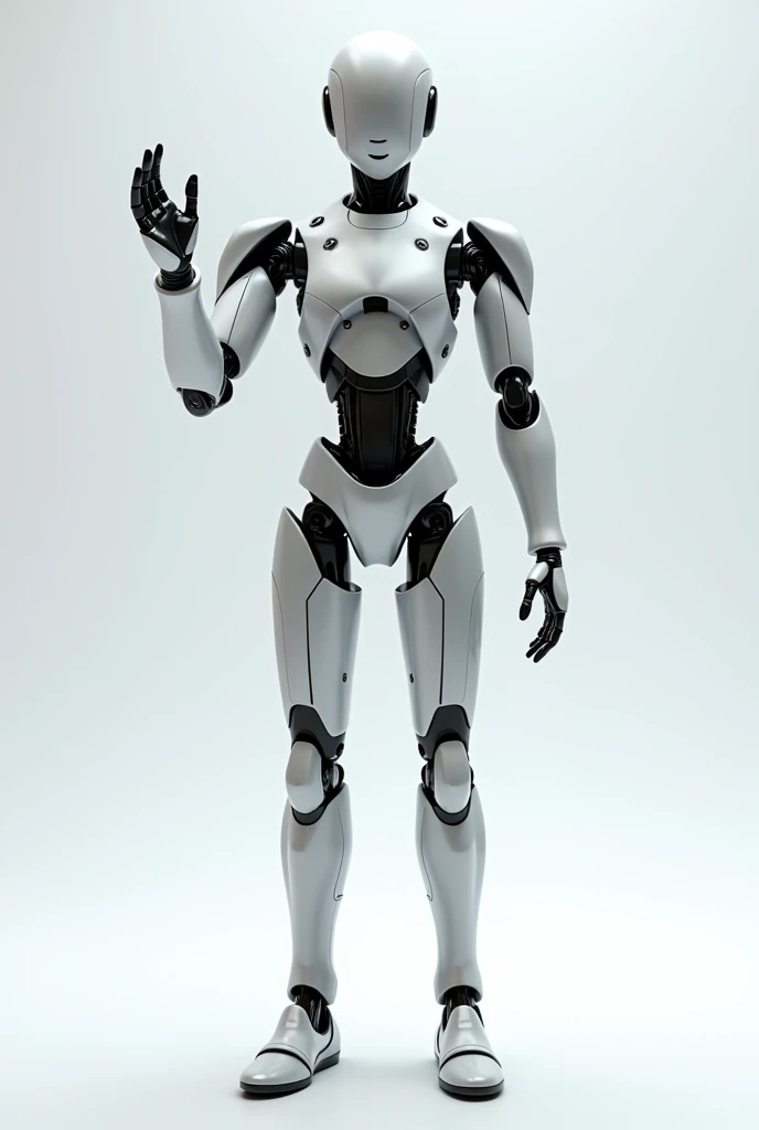 An image without a background, that it be a robot facing forward with its hand up and open 