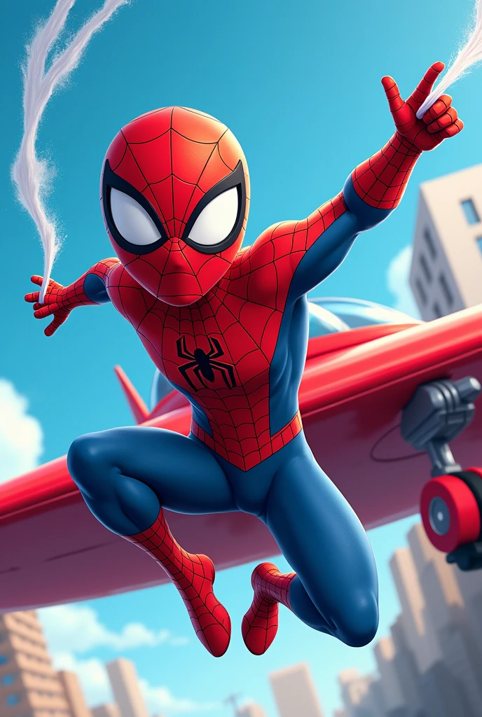 Cartoon spiderman using webshooter with red and blue plane background