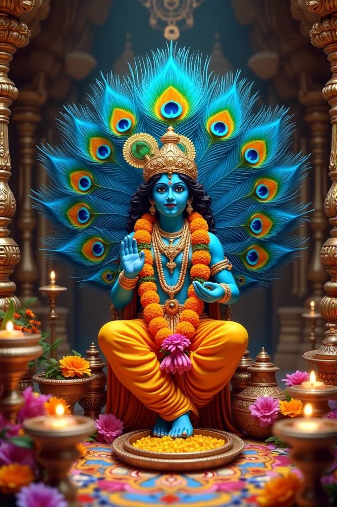 Krishna janmashtami decoration using peacock feathers