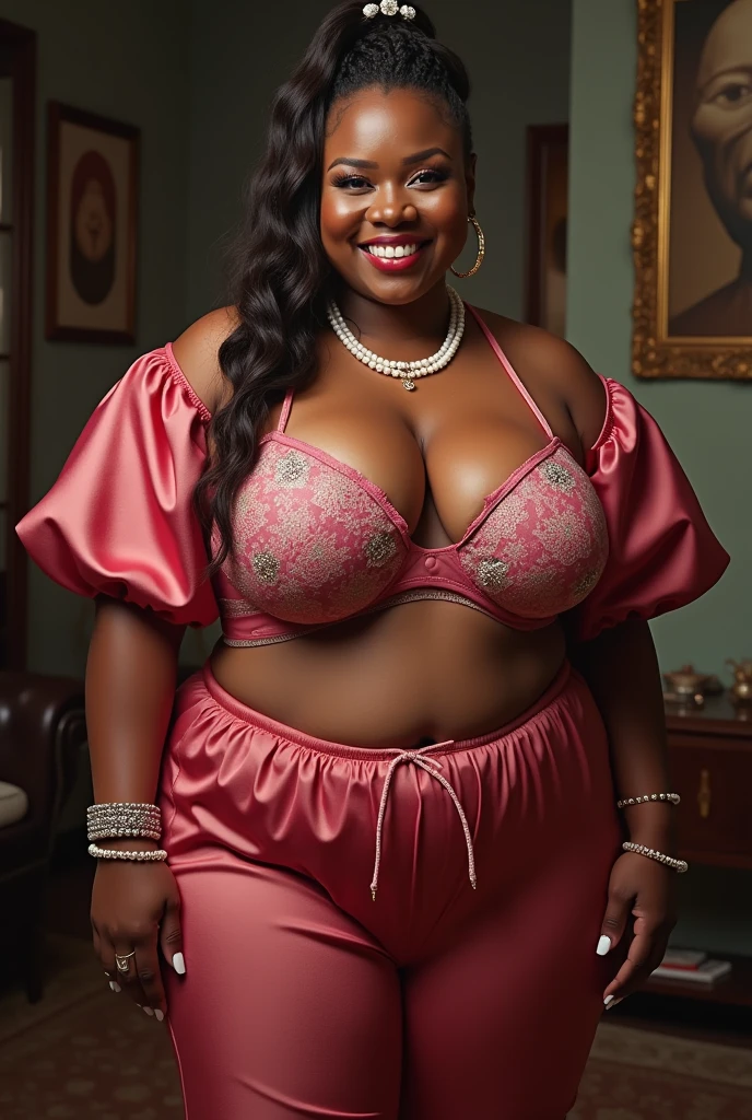 uma linda mulher negra madura na casa dos 70 anos, (grandes seios naturais), (wearing a beautiful microfiber bra with a colorful print and full coverage), (vestindo uma calcinha de cintura alta com estampa colorida de microfibra), plus size bra, grandes seios naturais, realista, sorrindo sexy