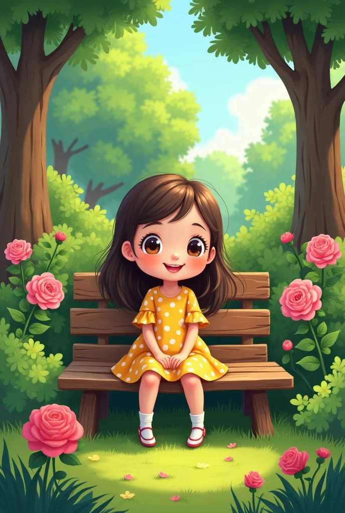 Cute cartoon girl sitting on a bench surrounded by lots of greenery, Beautiful, bright colors, There are rose bushes next to the bench, girl wearing polka dot dress picture
