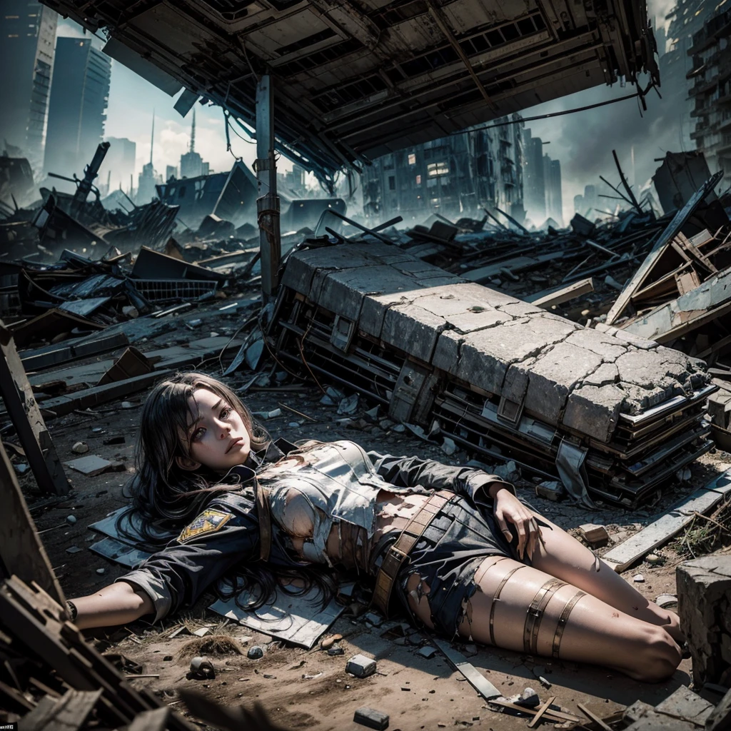 a young undead woman in a damaged and torn uniform wanders among the rubble of a battlefield, pieces of futuristic technological means are visible on the ground and some fallen soldiers can be glimpsed,hyper-realistic, hyper-detailed, photo-realistic