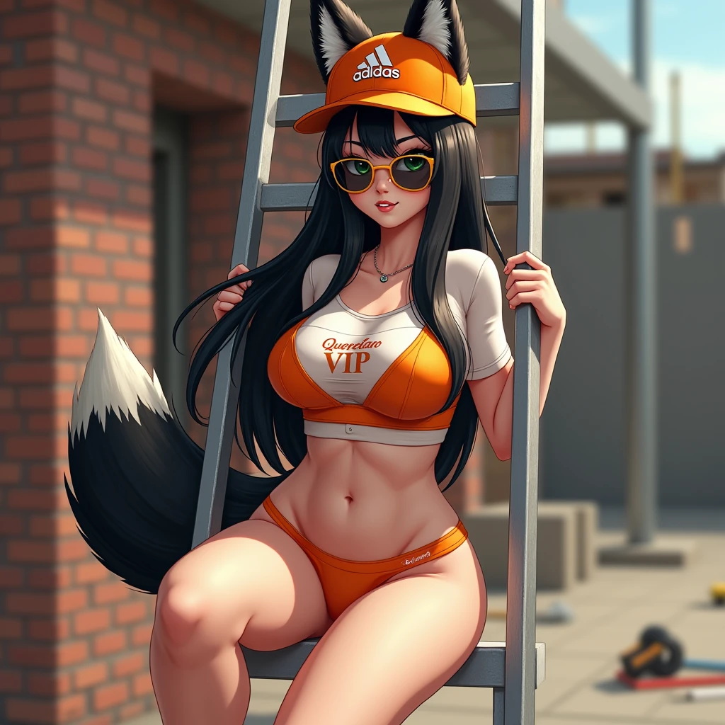 women, 18 years, huge breasts, straight black hair, White skin, green eyes, Athletic legs, black sheer lingerie, Black short t-shirt with the legend "Queretaro VIP", Sunglasses, orange adidas cap, fox ears, Fox tail, sitting on an aluminum ladder, hands lifting her breasts, brick wall in the background, In the background you can see a construction in progress, tools on the ground 