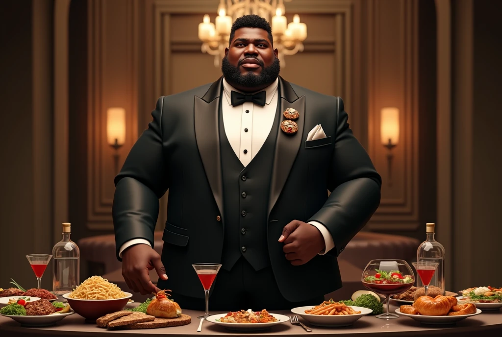 Iron Chef: Quest for an Iron Legend,((A fat body that looks like its clothes will burst with muscles)),Create a high-resolution realist 3d image of a dark skin toned melanin elegant woman with a findom dominant and commanding persona and Prescence wearing luxurious attire, such as a tailored suits or designer dress, and posed in a confident stance. full body tall and plus size curvey body 5'9 265 lbs This mage should exude power, control, and sophistication, with a hint of mystery. the back ground is  in a fancy restaurant, surrounded by food, food everywhere, table full of food in foreground,