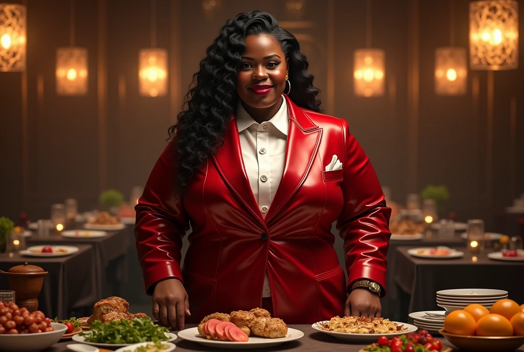 Iron Chef: Quest for an Iron Legend,((A fat body that looks like its clothes will burst with muscles)),Create a high-resolution realist 3d image of a dark skin toned melanin elegant woman with a findom dominant and commanding persona and Prescence wearing luxurious attire, such as a tailored suits or designer dress, and posed in a confident stance. full body tall and plus size curvey body 5'9 265 lbs This mage should exude power, control, and sophistication, with a hint of mystery. the back ground is  in a fancy restaurant, surrounded by food, food everywhere, table full of food in foreground,
