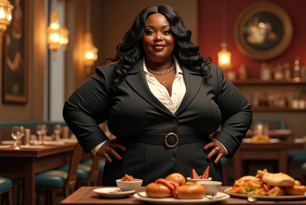 Iron Chef: Quest for an Iron Legend,((A fat body that looks like its clothes will burst with muscles)),Create a high-resolution realist 3d image of a dark skin toned melanin elegant woman with a findom dominant and commanding persona and Prescence wearing luxurious attire, such as a tailored suits or designer dress, and posed in a confident stance. full body tall and plus size curvey body 5'9 265 lbs This mage should exude power, control, and sophistication, with a hint of mystery. the back ground is in a fancy restaurant, surrounded by food, food everywhere, table full of food in foreground,