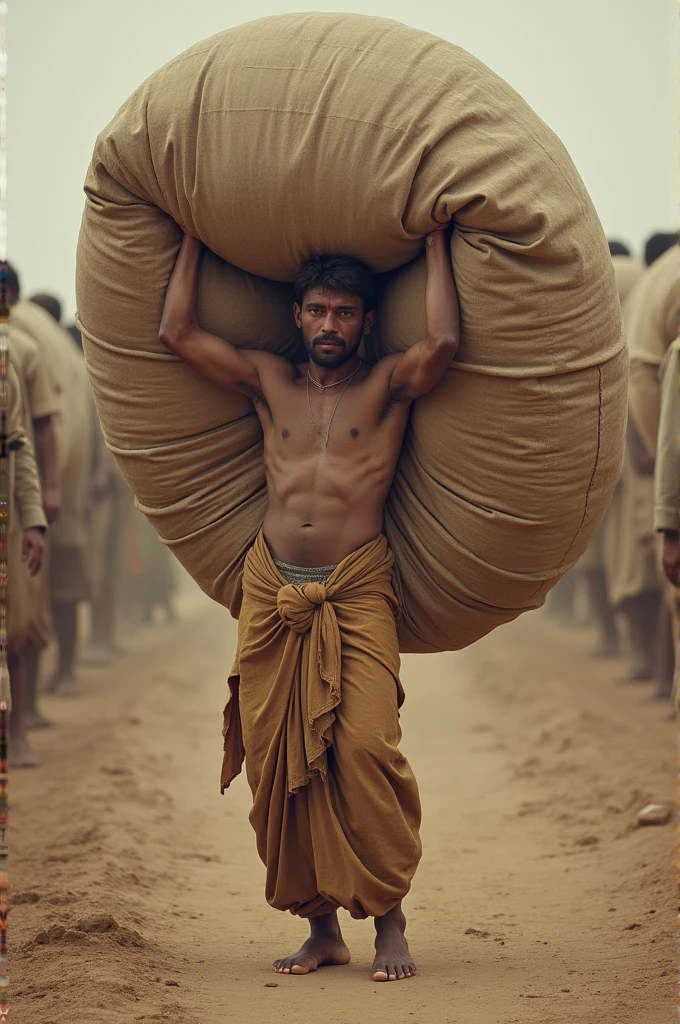 Man lifting sacs and heavy loads set in 1850s subcontinent
