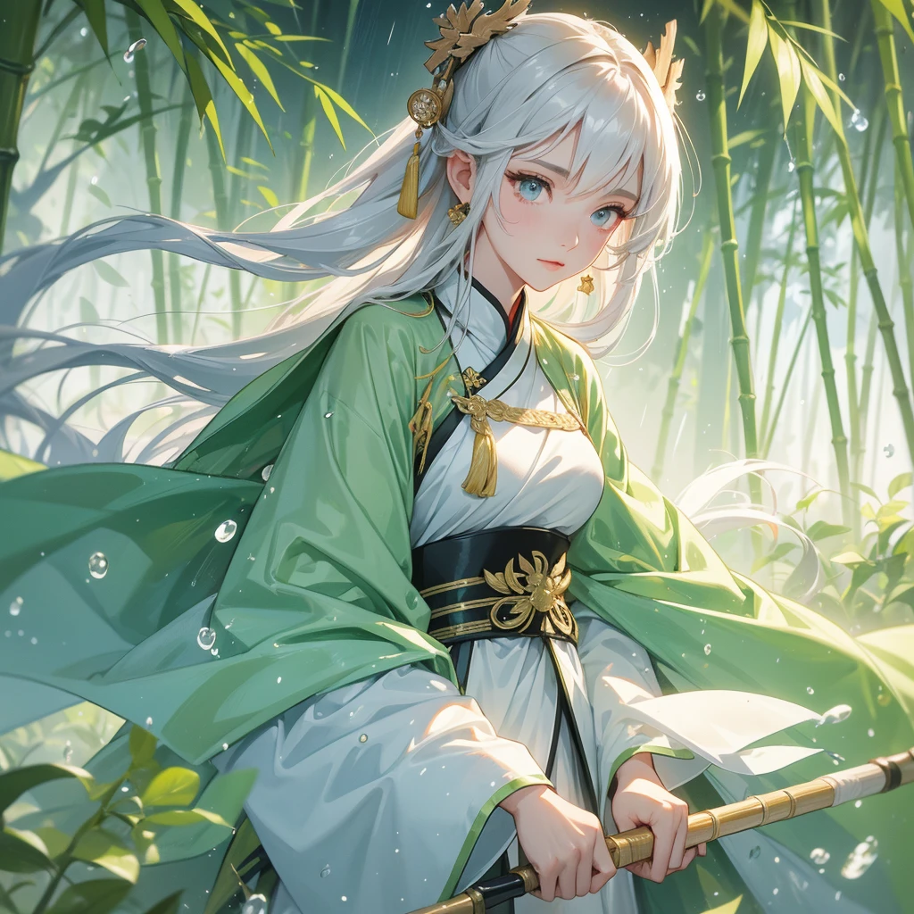 A beautiful female general holding a big spear in white ancient Chinese general costume, the back is a lush green bamboo forest. the air after rain has water droplets splashing around, close up.