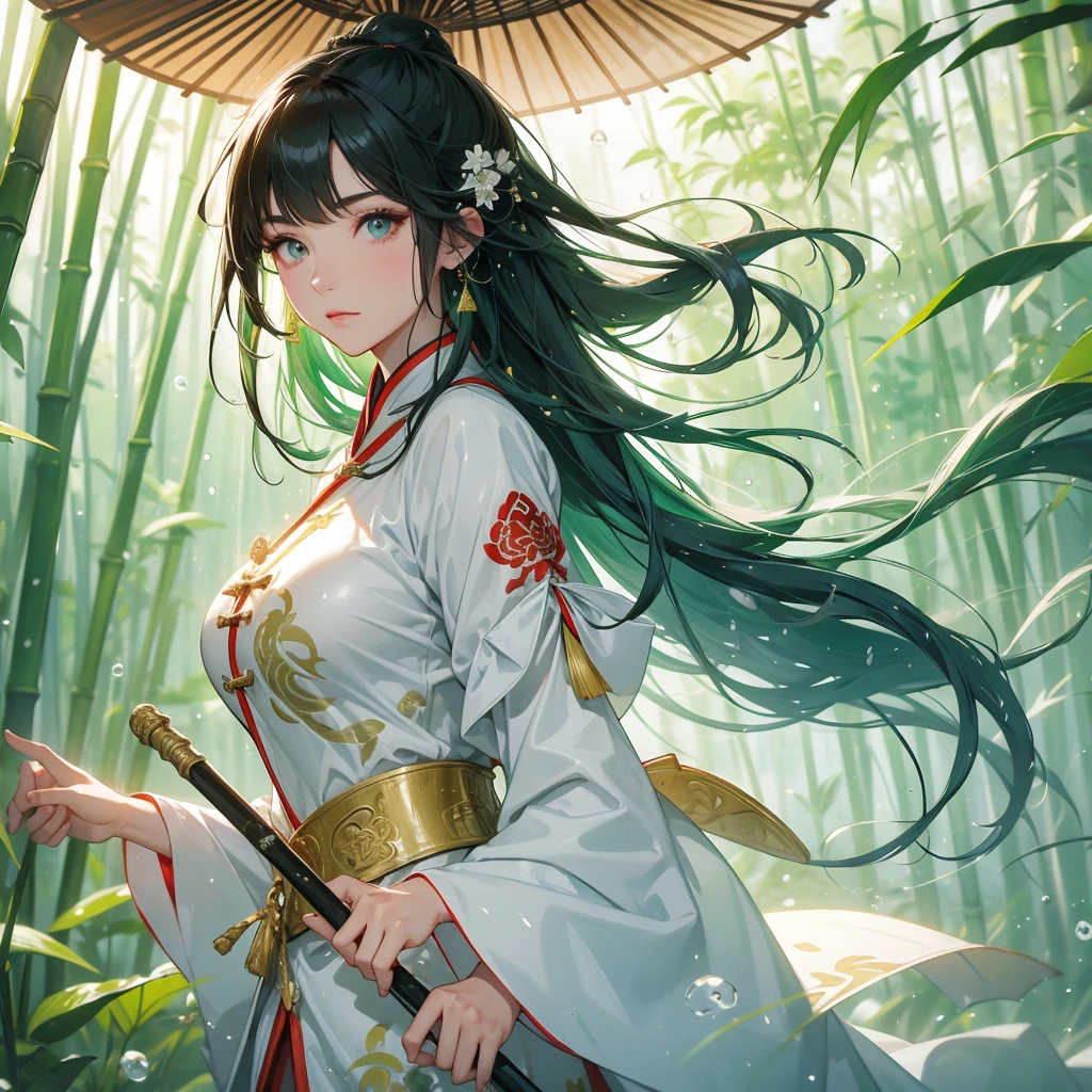 A beautiful female general holding a big spear in white ancient Chinese general costume, the back is a lush green bamboo forest. the air after rain has water droplets splashing around, close up.