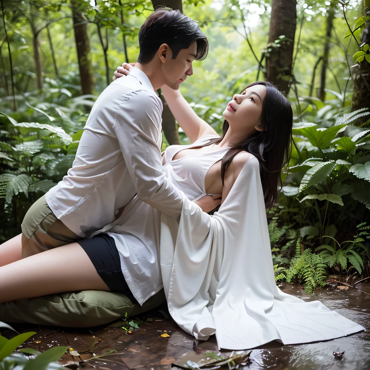 An image captured depicts a tall, athletic Indonesian man of fair complexion wearing a short white batik sarong. He is carrying a nudist young woman also fair-skinned, with ample bosom, on his shoulders. In the scene, there is heavy rainfall accompanied by strong winds and lightning flashes, soaking them both. They are seen affectionately holding hands, sharing kisses, and engaging in intimate activities.