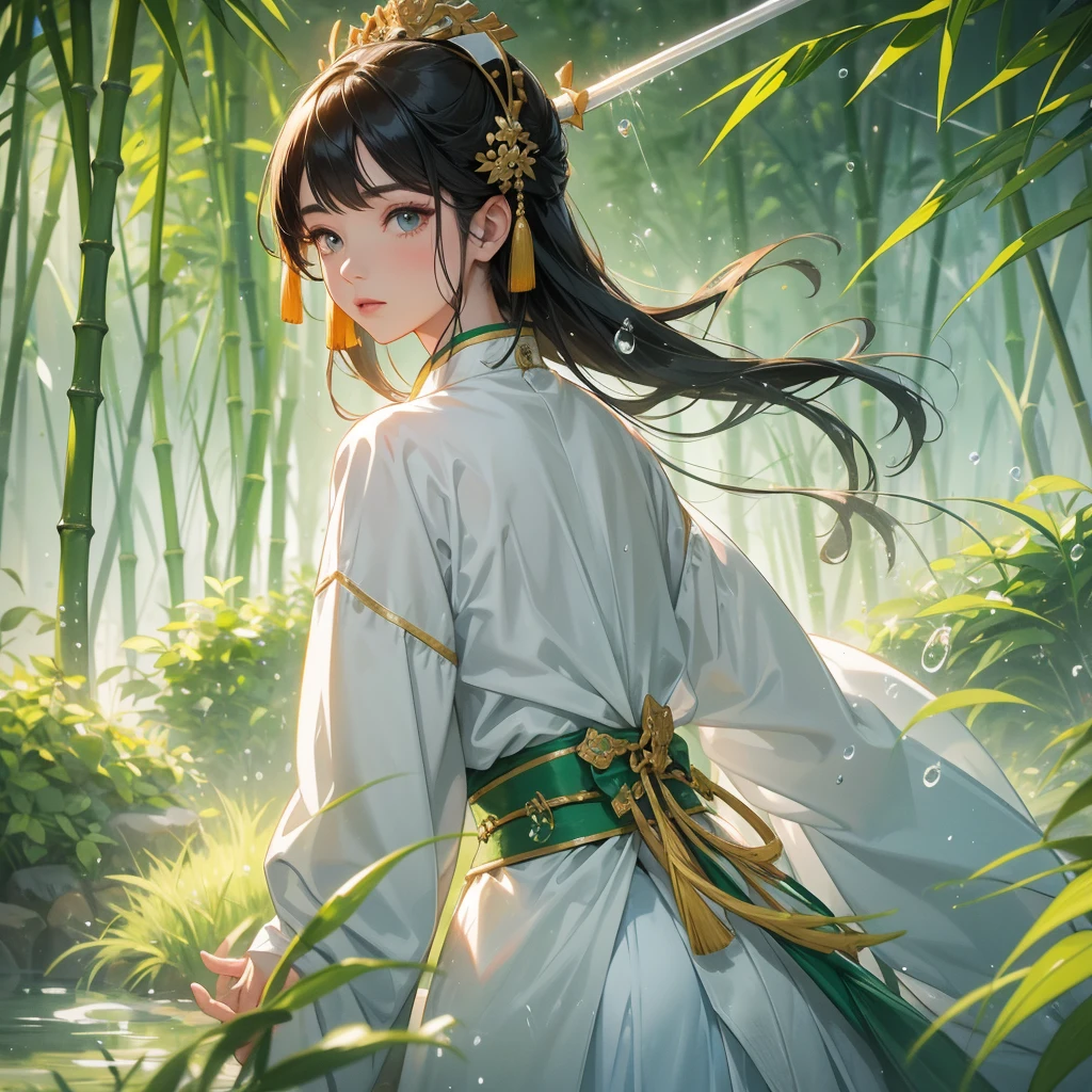 A beautiful female general holding a big spear in white ancient Chinese general costume, the back is a lush green bamboo forest. the air after rain has water droplets splashing around, close up.