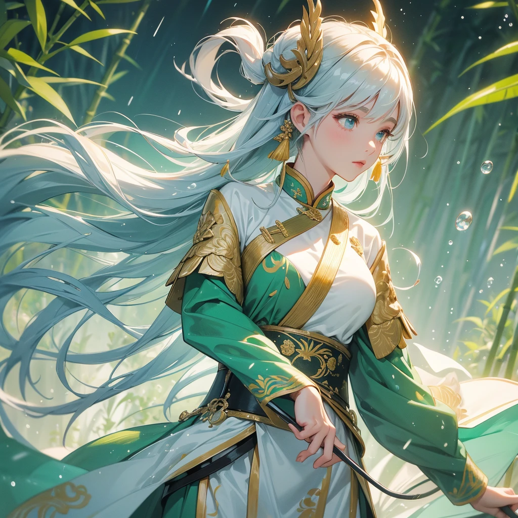 A beautiful female general holding a big spear in white ancient Chinese general costume, the back is a lush green bamboo forest. the air after rain has water droplets splashing around, close up.