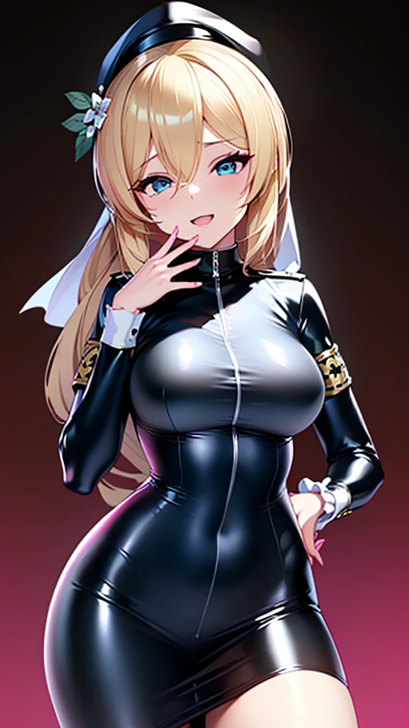 tall、Rosalina、Blonde、 adult、Married Woman、Shiny latex police uniform、Officer hat、邪evilな警官、Pink and black background,  evil, lure, excited, A condescending grin, Lightly open your mouth、Sexy pose