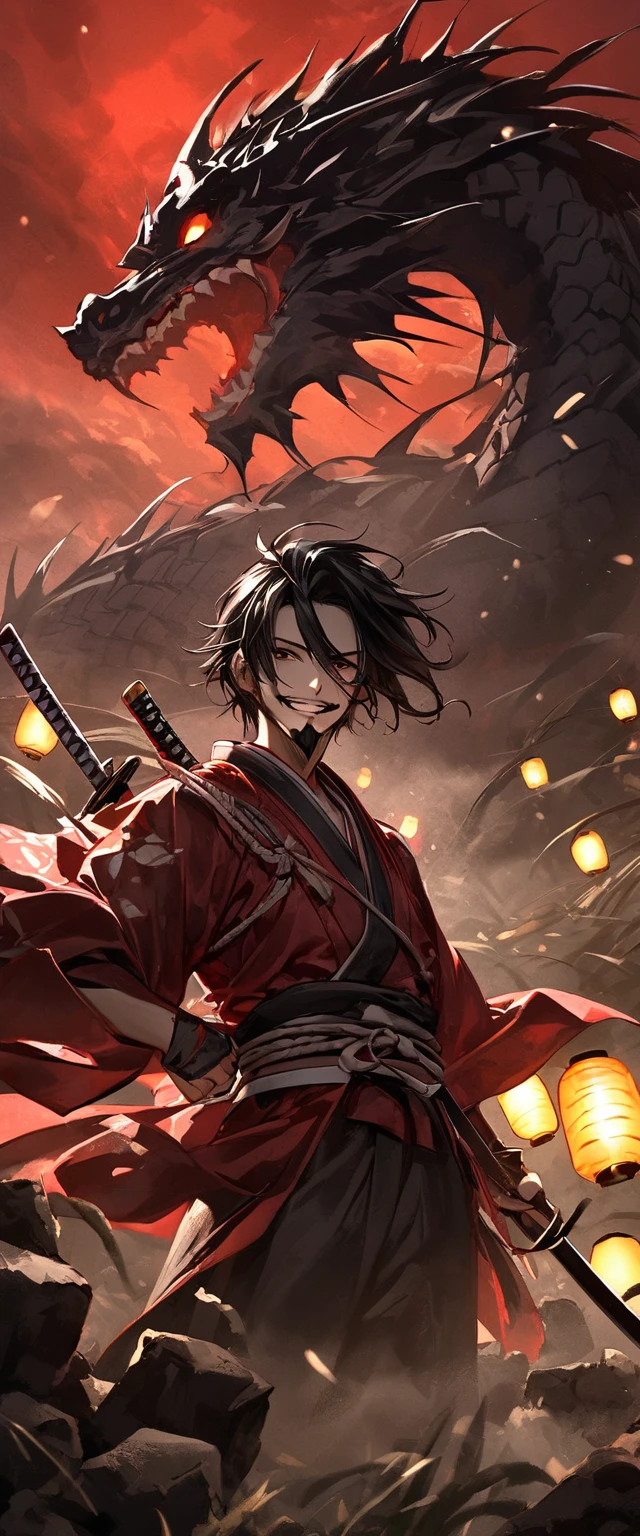 black hair, ponytail, crazy eyes, evil smile, anime style, blending, anatomically correct, super detail, best quality, high details, masterpiece, high quality, accurate, Samurai, Ronin, Kimono, Sword-wielding, Running through the battlefield, Flameout, Covered in blood and covered in wounds