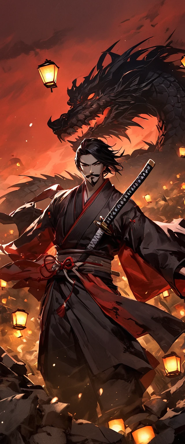 Scarlet Silk Ronin Costume。A world of thick fog,Wheat field。Close up on face。。Dark Eyes。clothes are blowing in the wind。Grin。Katana on the waist。Stylish pose。Many small lanterns are floating。Mustache。Beard。Messy long black hair。 A thin young ronin stands on the rubble。alone。Spooky atmosphere。Japan。Red Sky。Chiaroscuro, dragon behind。