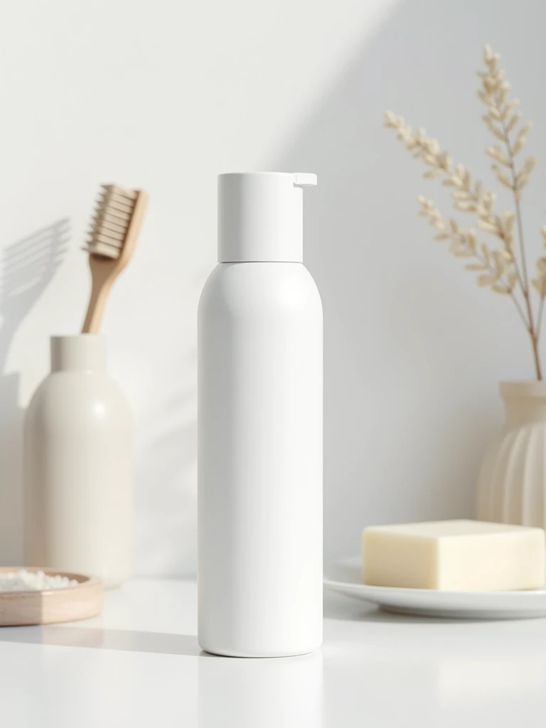 White cylindrical container with a semi-transparent white cylindrical lid for shampoo, background with some minimalist personal hygiene elements for mockup, detailed image, better lighting -imagine -