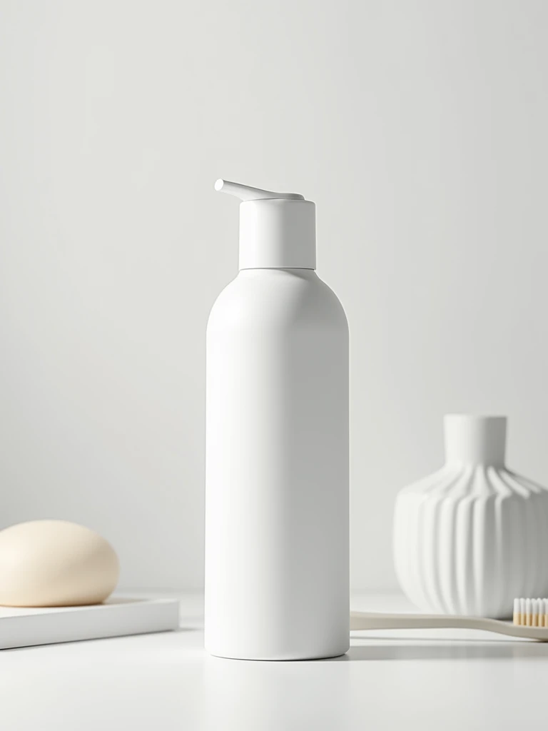 White cylindrical container with a semi-transparent white cylindrical lid for shampoo, background with some minimalist personal hygiene elements for mockup,  detailed image, better lighting -imagine - 