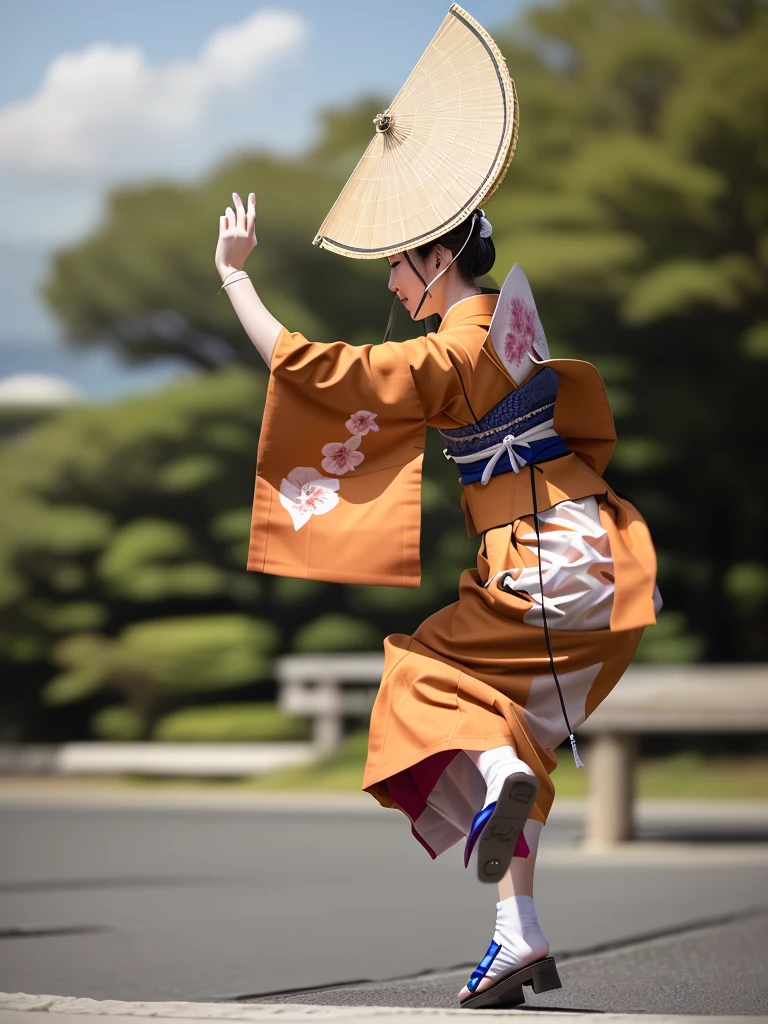 Photo-realistic quality、A woman wearing a pale pink kimono and a hat is in the park, traditional Japanese kimono, A professional masterpiece, Beautiful images, Japanese Model, Traditional Japanese Kimono Japanese Bon Odori,A soft and gentle look、Woman dancing Awa Odori、White Arms、Wearing black clogs