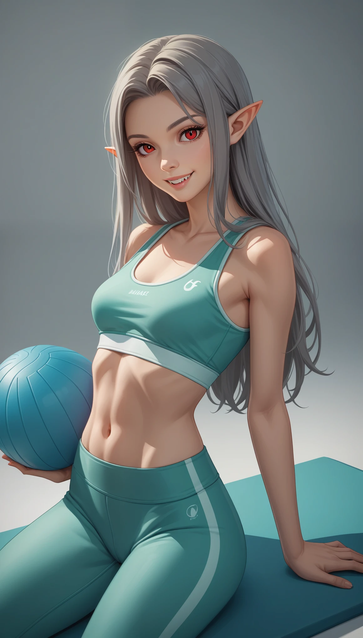 score_9, score_8_up, score_7_up, score_6_up, score_5_up, score_4_up, BREAK source_anime, [source_anthro], rating_safe, [rating_explicit],

alice,vampire,grey hair, long hair, red eyes, pointy ears, small breasts,, best quality, photorealistic, yujiasuit, yoga sports bra, yoga pants, 1girl, solo, , yoga ball, pants, looking at viewer, smile, green sports bra, simple background, , midriff, long hair, breasts, green pants, sportswear, tank top, upper body,