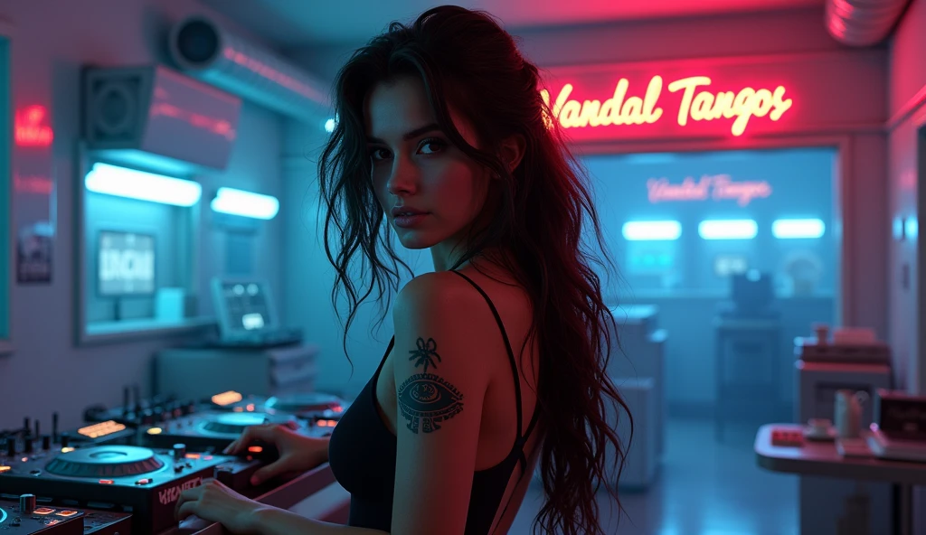 Sexy futuristic DJ WOMAN black wavy hair. He has a small Egyptian tattoo "Eye of Horus" in the back. Add a discreet neon sign "Vandal Tangos" In the scene.