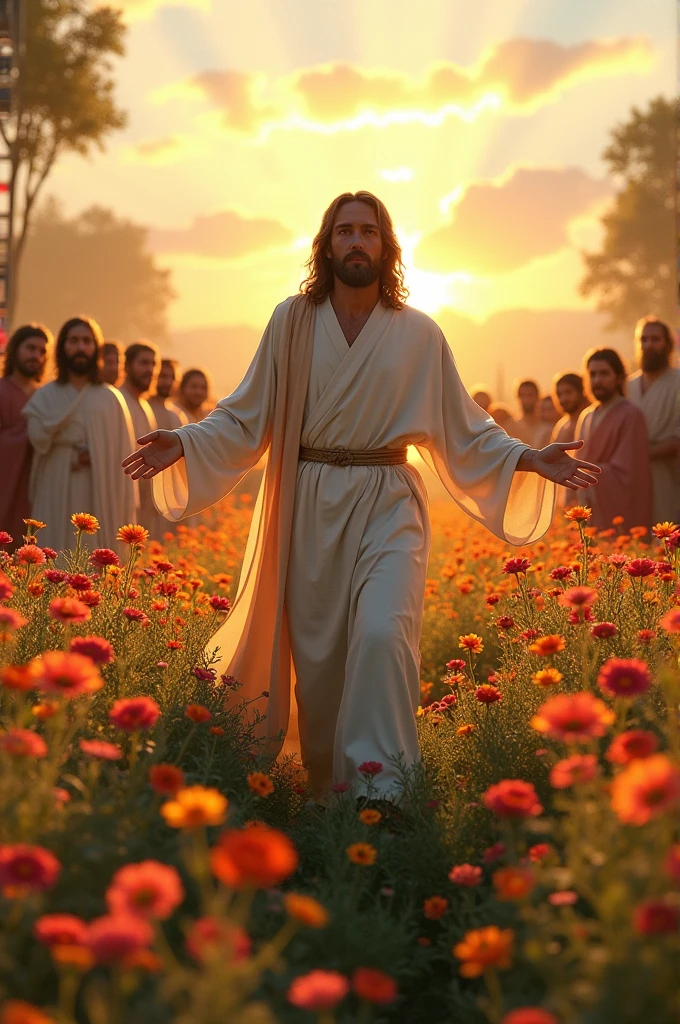 Create the image of Jesus walking up a field of flowers with the sunset behind him and with a horizon full of flowers and trees and with him with open arms and full of disciples around him. 