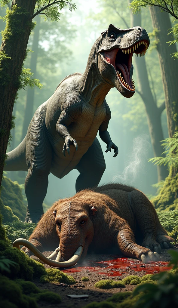 T-rex standing on a dead mammouth that it fought in a forest