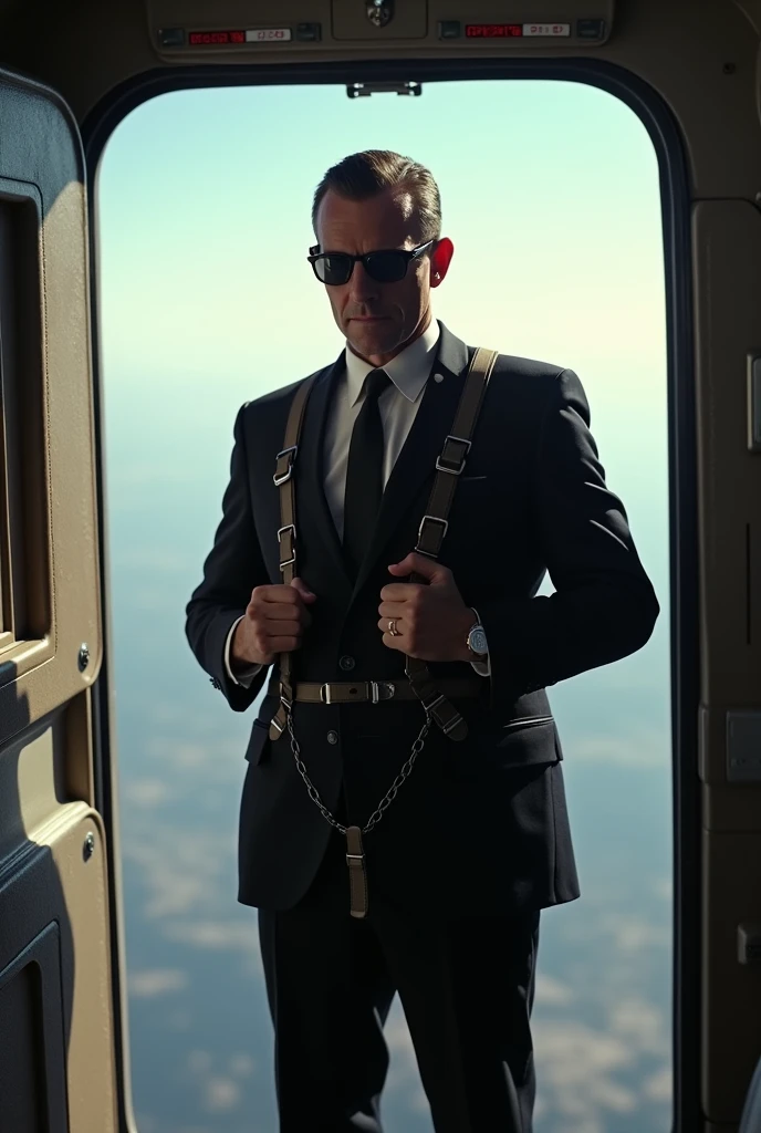   open plane door. DC Cooper, wearing a black suit, tie, and sunglasses, is putting on a parachute. He stands near the open airplane door,  the Cooper  daring jump with his parachut