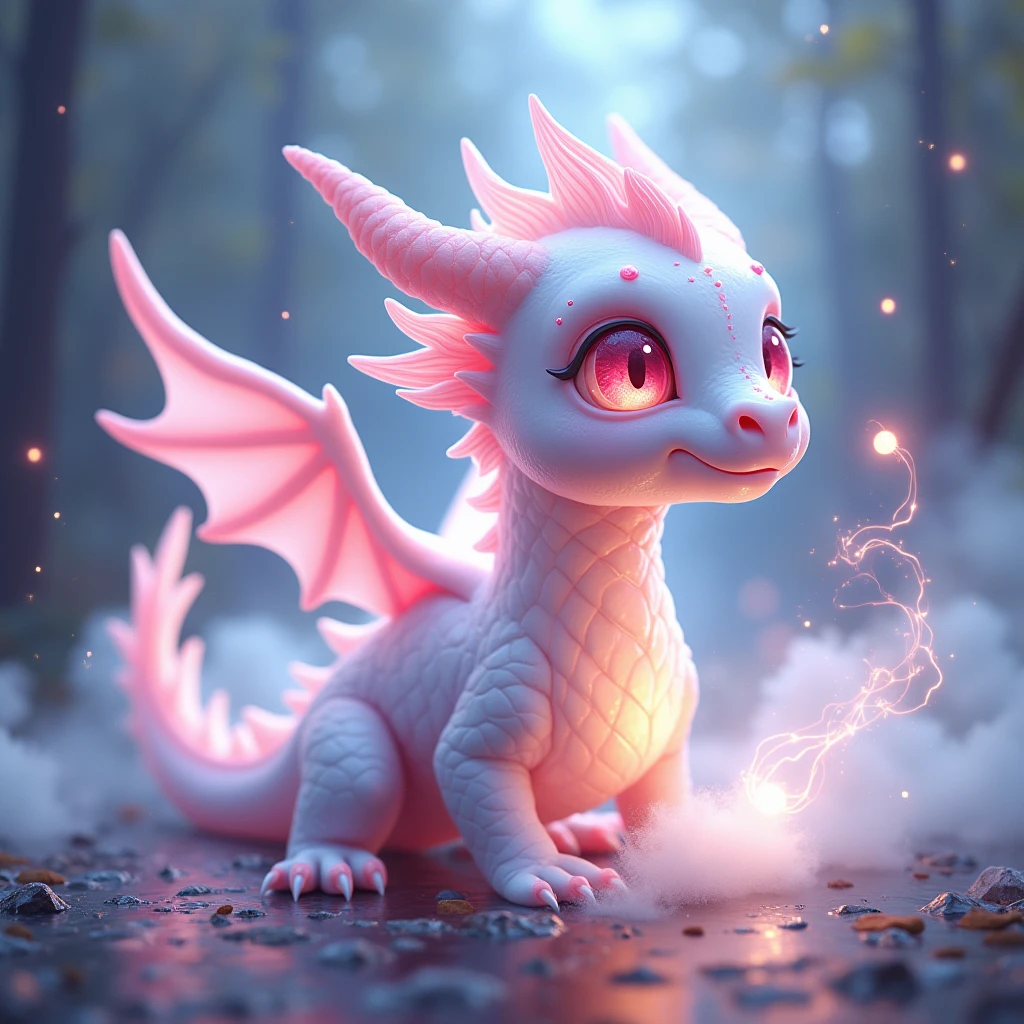 Cute white and pink lovely dragon magic, White magic smoke drifted from him in all directions, Pink Eyes., Broken glass effect, no antecedent, amazing, Something that doesn't even exist, Fabulous existence, vitality, molecular, Texture, iridescent and luminous scales, amazing美丽, Pure perfection, Divine Presence, memorable, touching, amazing美丽, Volumetric Light, have, Rays, bright color reflection