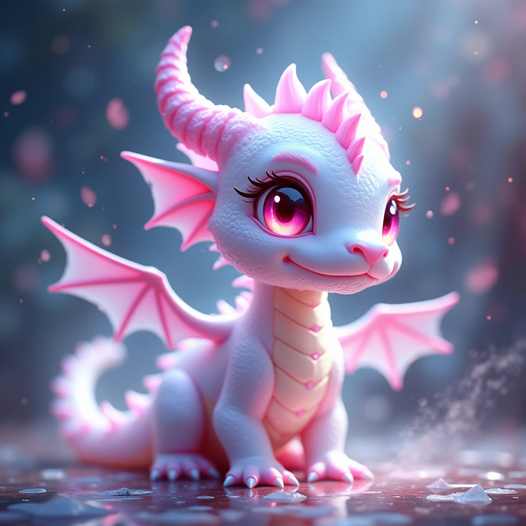Cute white and pink lovely dragon magic, White magic smoke drifted from him in all directions, Pink Eyes., Broken glass effect, no antecedent, amazing, Something that doesn't even exist, Fabulous existence, vitality, molecular, Texture, iridescent and luminous scales, amazing美丽, Pure perfection, Divine Presence, memorable, touching, amazing美丽, Volumetric Light, have, Rays, bright color reflection