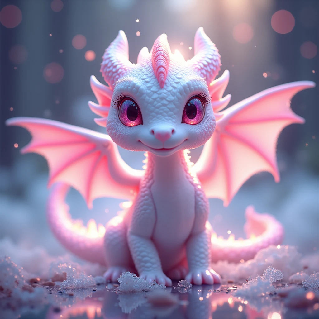 Cute white and pink lovely dragon magic, White magic smoke drifted from him in all directions, Pink Eyes., Broken glass effect, no antecedent, amazing, Something that doesn't even exist, Fabulous existence, vitality, molecular, Texture, iridescent and luminous scales, amazing美丽, Pure perfection, Divine Presence, memorable, touching, amazing美丽, Volumetric Light, have, Rays, bright color reflection