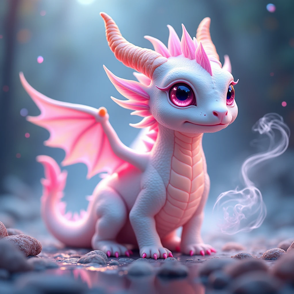 Cute white and pink lovely dragon magic, White magic smoke drifted from him in all directions, Pink Eyes., Broken glass effect, no antecedent, amazing, Something that doesn't even exist, Fabulous existence, vitality, molecular, Texture, iridescent and luminous scales, amazing美丽, Pure perfection, Divine Presence, memorable, touching, amazing美丽, Volumetric Light, have, Rays, bright color reflection