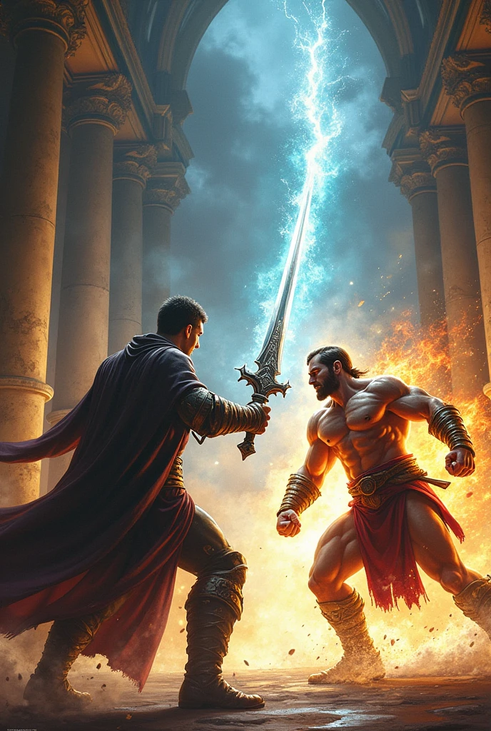 Give me a panel of  Mage with a sword  Vs  strength only fist was  facing off  before the fight and the next panel the strength man was using a final blow punch to mage user to end the fight 