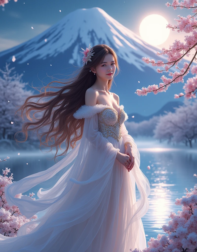 goddess 、Princess Kibanasaki、Cherry blossoms and snow, mount. Fuji Mountain, lake, full moon, Light Snow, high quality, Long Hair, Brown Hair, chest, smile,