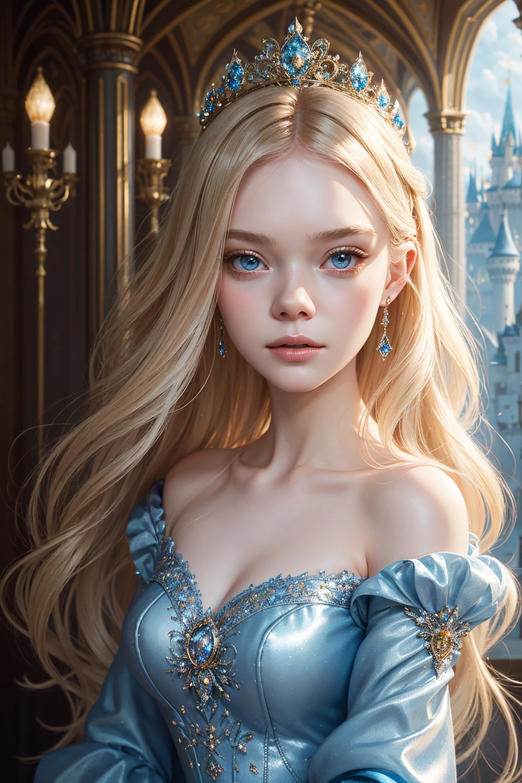 portrait Elle Fanning, wearing sexy Cinderella outfit, against the background of the Disney castle, 8 0 3 0 s, wavy hair, intricate, elegant, highly detailed, digital painting, artstation, concept art, smooth, sharp focus, illustration, art by thomas kindkade, charlie bowater, artgerm, greg rutkowski, alphonse mucha and alexandra fomina, 36k, glittering, shining