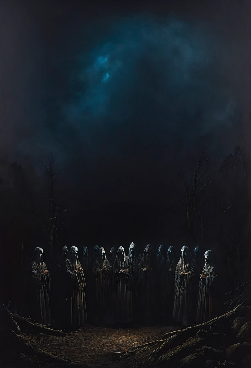 painting of a ritual in the dry black forest, mysterious figures, dark atmosphere, cinematic scene, volumetric lights, ultra realistic, in the style of nicola samori
