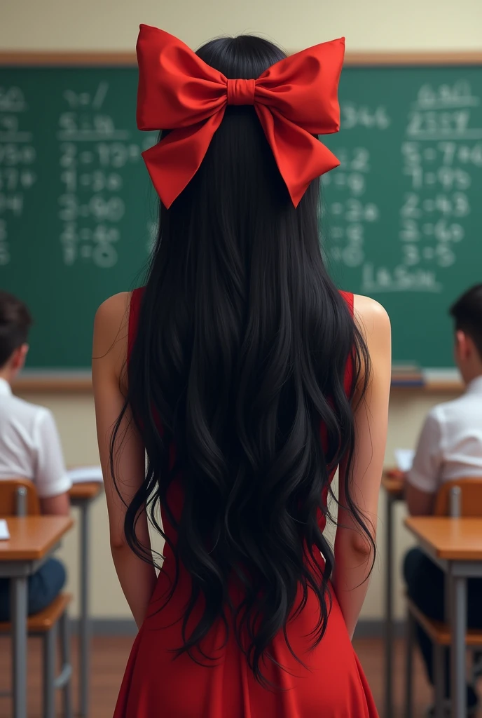 Teacher with long black hair with a large ribbon bow Coquette, The teacher has her back turned and is in the Math classroom, with the students.