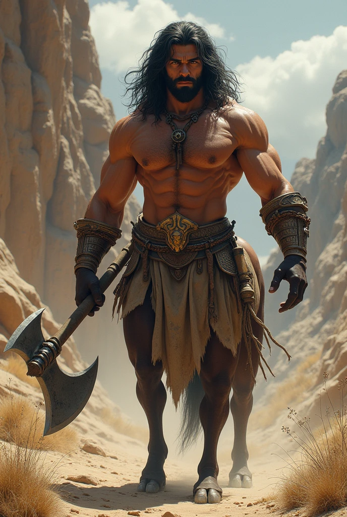 Intimidating youthful half man half horse centaur barbarian wielding a battle axe, long black hair, short rugged goatee, no armor, no helmet, greek mythology, half man half horse chimera.