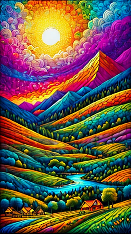 Masterpiece, best composition, dynamic composition, colorful landscape painting with sunflowers, trees and hills, colorful landscape painting, psychedelic landscape, vivid oil painting, vivid abstract landscape, color field painting. 8K, amazing colorful landscape, detailed impasto, colorful oil painting, psychedelic sky, mountains and colorful sun, painted landscape, colorful sky, hills with flowers, big trees on hills, summer day psychedelic, big colorful picture.