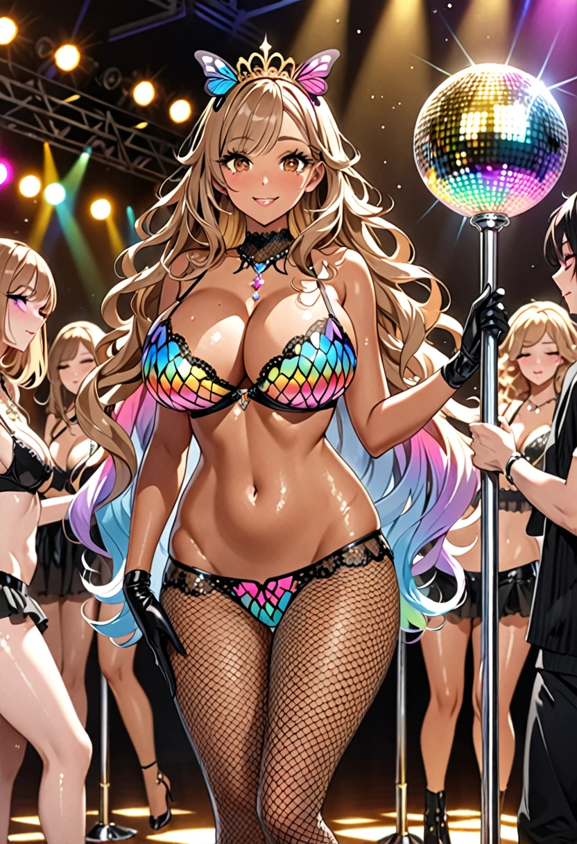 (Highest quality, Ultra-high resolution、The most complex and detailed depiction、masterpiece、8k, RAW Photos, Best image quality、Very detailedな顔、Attention to detail、Beautiful woman、Realistic、photo-Realistic、Very detailed, Beautiful attention to detail:1.5),(One adult woman:1.3)、(blush)、(Gal-style makeup、mascara 、eyeshadow、Dark eyeliner、Long and beautiful eyelashes、False eyelashes、double eyelid、heavy makeup、hostess、Brown eyes、:1.5),(A bra with a pale rainbow gradient butterfly pattern、Light rainbow gradient butterfly pattern panties:1.5)、Gorgeous jeweled necklace、Gold bracelet、A gorgeous gold tiara studded with jewels、Sheer black lace dress、Mesh fabric、Fishnet tights,Black opera gloves、(A seductive smile),(under boob、Huge breasts)、(Cleavage:1.2)、(((Light brown hair、Wavy Hair、Long Hair)))、elongated nose、Face with gills、(Very tanned and shiny skin:1.7)、(Perfect Style)、Saggy breasts、Large saggy breasts、((Sweat、Your body is wet))、((Dim Club、pole dance、audience))、(Mirror ball)、Sleepy face
