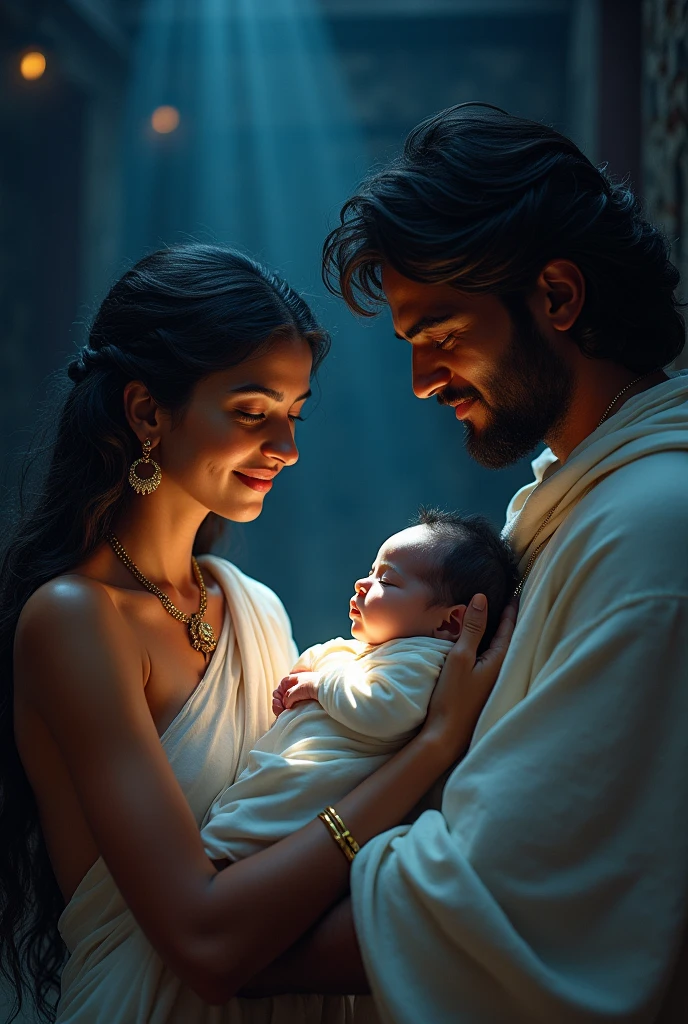 In the dim, confined space of a prison cell, a radiant scene unfolds. A newborn baby, Lord Krishna, with his dark blue complexion, is tenderly held by his mother, Yashoda. He is draped in pristine white clothes that contrast sharply with his skin tone. The soft glow of the cell's meager light highlights his divine presence. His father, Vasudeva, looks on with a joyful, peaceful expression, his eyes reflecting the deep love and relief of this miraculous moment. The scene, despite its stark surroundings, is imbued with a sense of serene divinity and familial warmth.