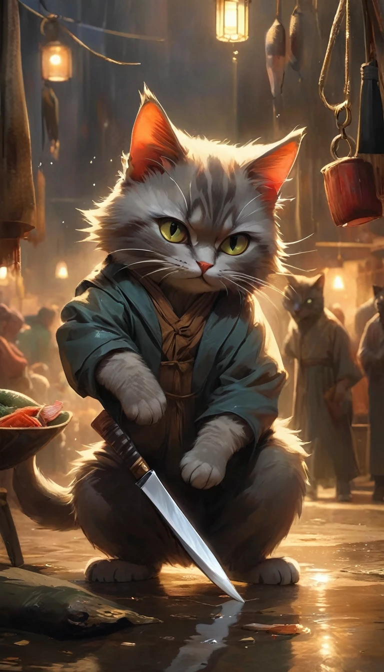 The Son's Decision
Description:
A dramatic moment where the young grey-furred cat son is holding a knife in his hand. His expression is a mix of determination and fear, his eyes wide as he steps forward. His father, the dark brown cat, is in the midst of his argument with the other market cat, unaware of his son’s actions. The son’s body language shows his internal struggle, one paw gripping the knife tightly while the other trembles. His face reflects both the influence of his father’s teachings and his own fear of the consequences.
Environment:
The scene is set in the middle of the fish market, with customers moving away to give space to the escalating situation. There is a sense of chaos, with fish scattered on the ground and ice melting, adding to the tension. The light is dimmer, casting shadows that emphasize the seriousness of the moment.